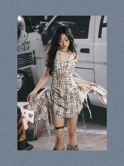 Plaid Lace Patchwork Ribbon Dress【s0000017320】