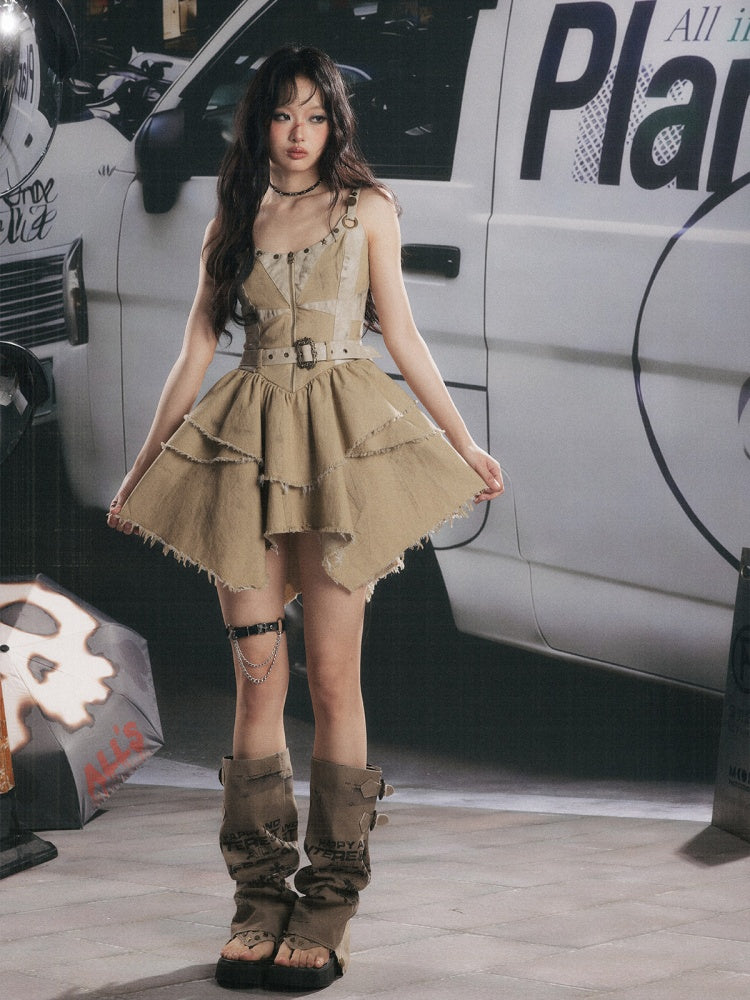 Zipper Belt Design Slip Strap Dress【s0000017321】