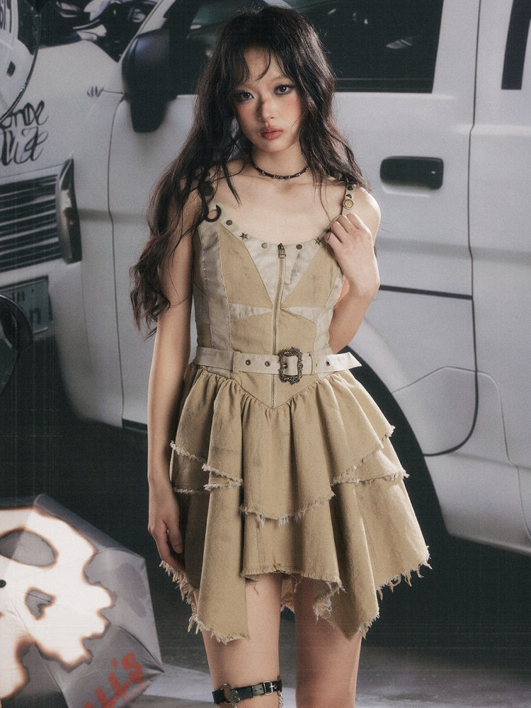 Zipper Belt Design Slip Strap Dress【s0000017321】