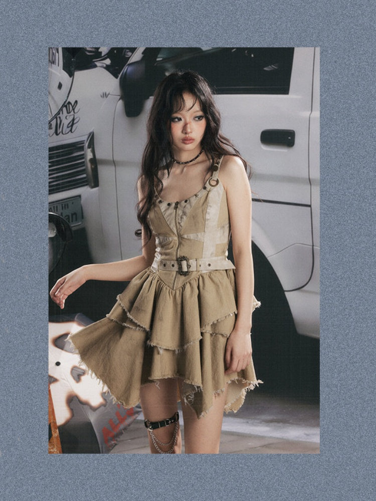 Zipper Belt Design Slip Strap Dress【s0000017321】