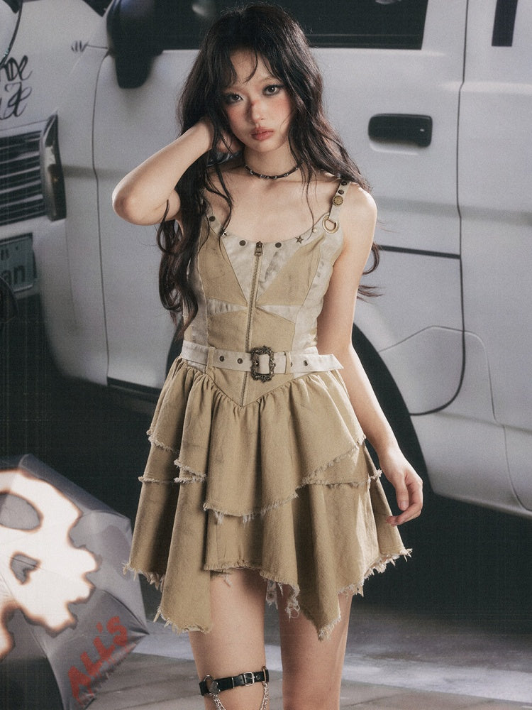 Zipper Belt Design Slip Strap Dress【s0000017321】