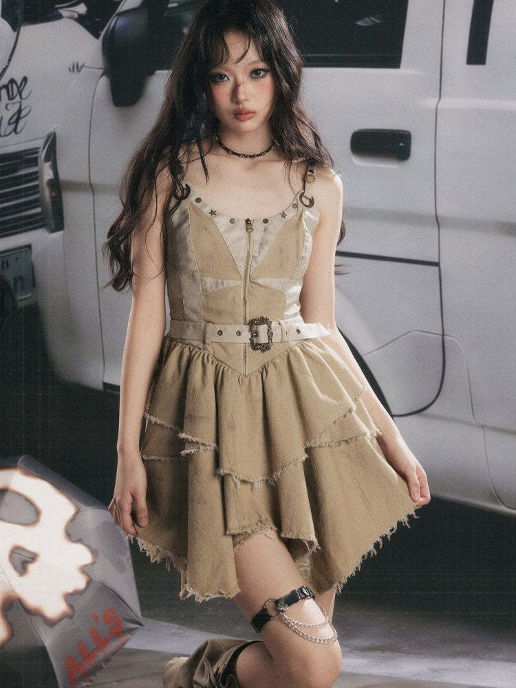 Zipper Belt Design Slip Strap Dress【s0000017321】