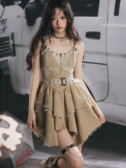 Zipper Belt Design Slip Strap Dress【s0000017321】