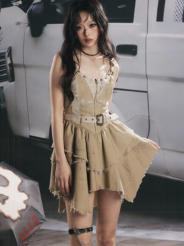 Zipper Belt Design Slip Strap Dress【s0000017321】
