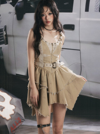Zipper Belt Design Slip Strap Dress【s0000017321】