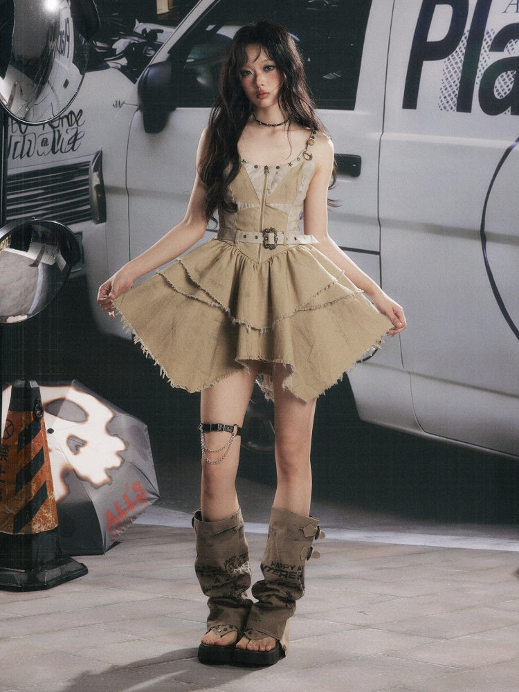 Zipper Belt Design Slip Strap Dress【s0000017321】