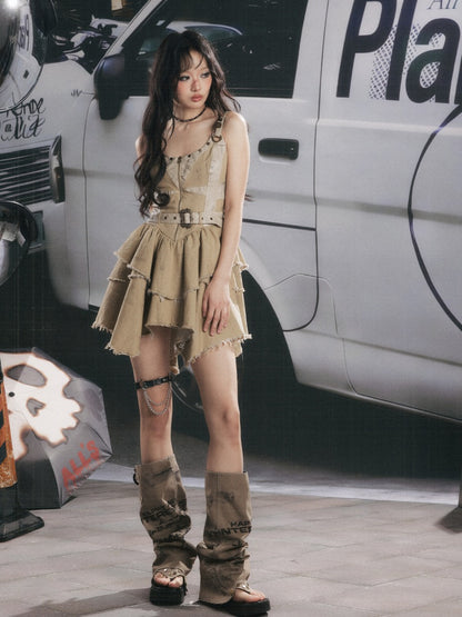 Zipper Belt Design Slip Strap Dress【s0000017321】