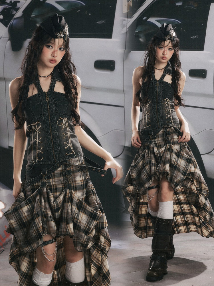 Denim Halter-Neck Lace-Up Backless Sleeveless Tops【s0000017322】