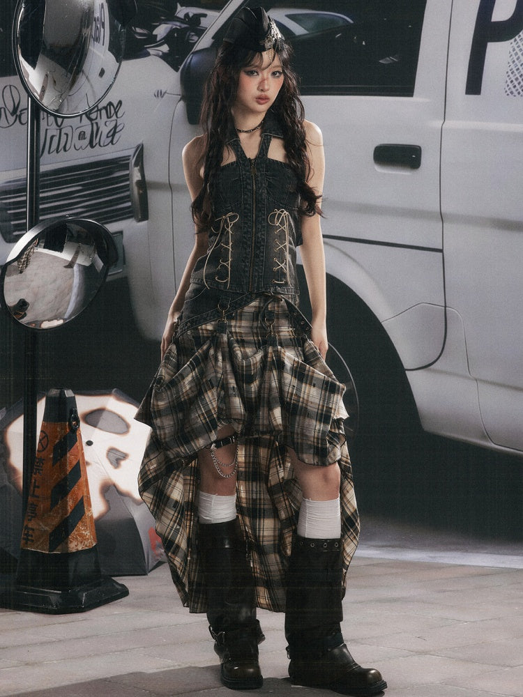 Denim Halter-Neck Lace-Up Backless Sleeveless Tops【s0000017322】