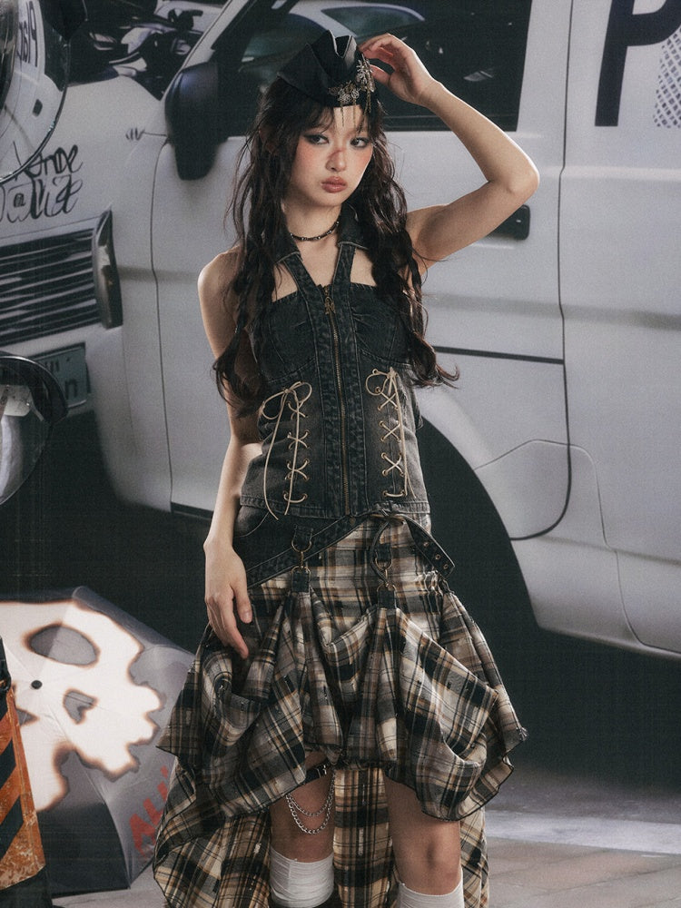 Denim Halter-Neck Lace-Up Backless Sleeveless Tops【s0000017322】