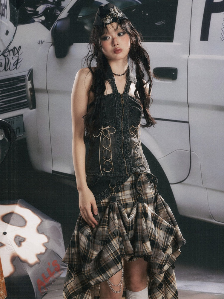 Denim Halter-Neck Lace-Up Backless Sleeveless Tops【s0000017322】