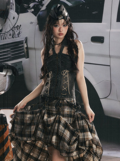 Denim Halter-Neck Lace-Up Backless Sleeveless Tops【s0000017322】