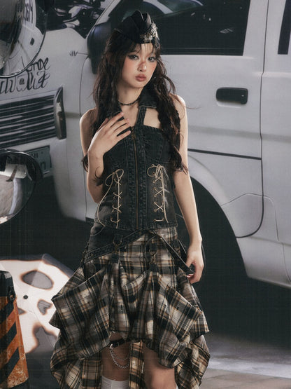 Denim Halter-Neck Lace-Up Backless Sleeveless Tops【s0000017322】