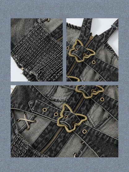 Denim Halter-Neck Lace-Up Backless Sleeveless Tops【s0000017322】