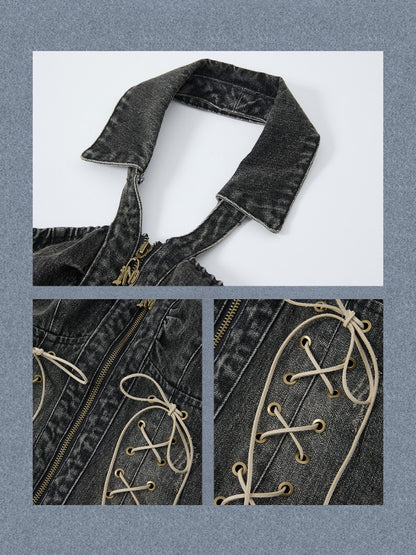 Denim Halter-Neck Lace-Up Backless Sleeveless Tops【s0000017322】
