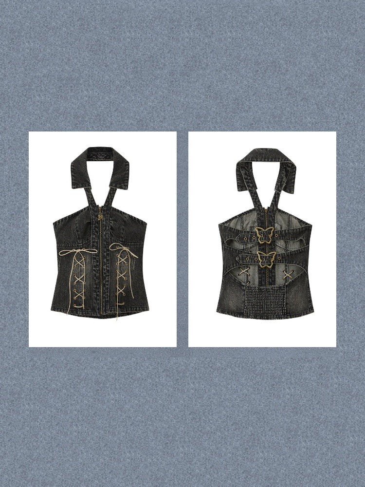 Denim Halter-Neck Lace-Up Backless Sleeveless Tops【s0000017322】