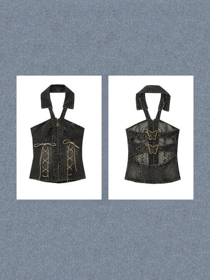 Denim Halter-Neck Lace-Up Backless Sleeveless Tops【s0000017322】