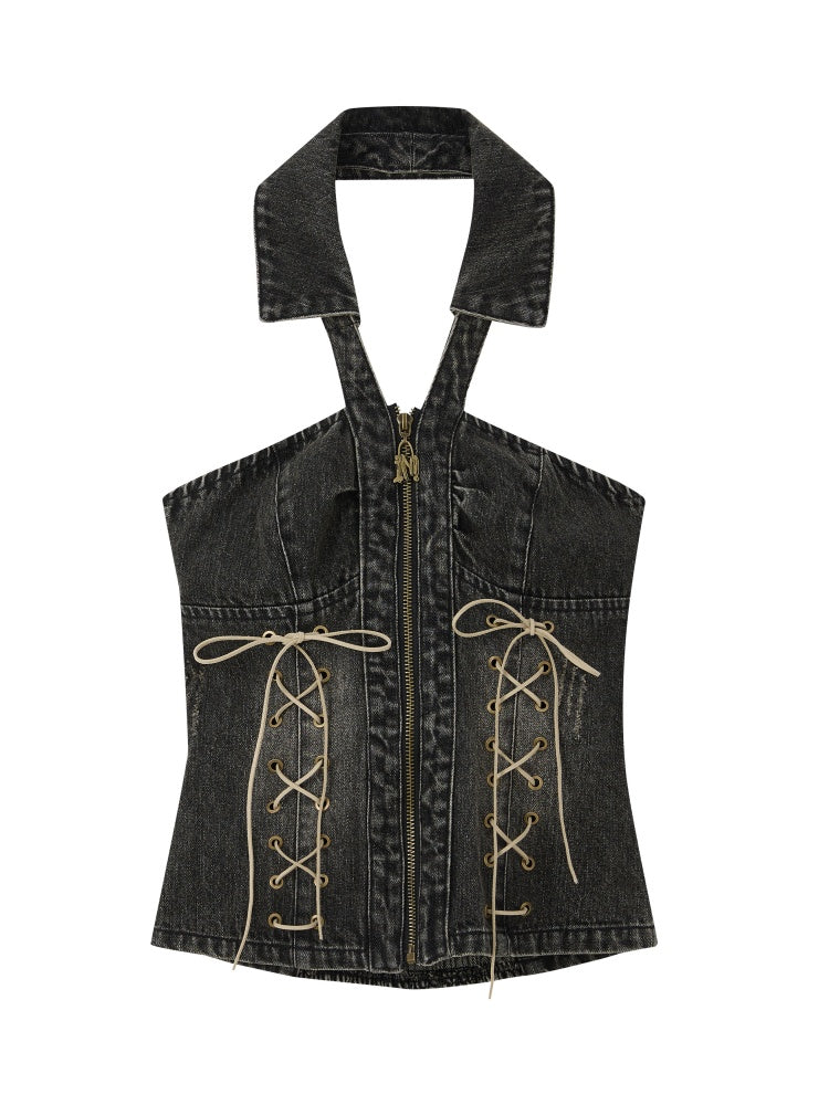 Denim Halter-Neck Lace-Up Backless Sleeveless Tops【s0000017322】