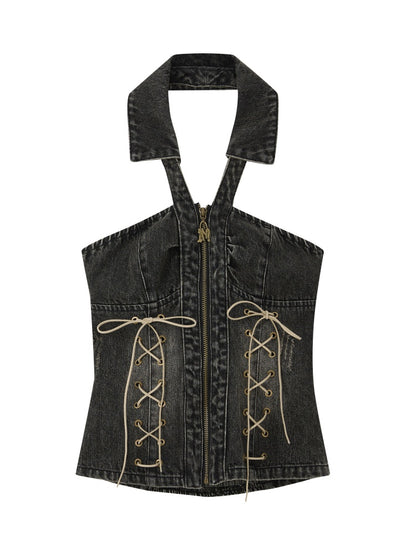 Denim Halter-Neck Lace-Up Backless Sleeveless Tops【s0000017322】