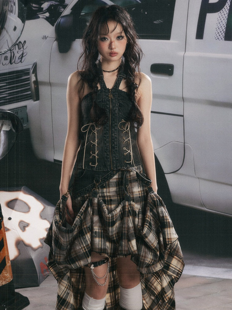 Denim Halter-Neck Lace-Up Backless Sleeveless Tops【s0000017322】
