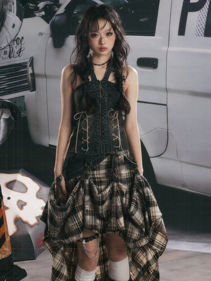 Denim Halter-Neck Lace-Up Backless Sleeveless Tops【s0000017322】