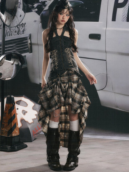 Denim Halter-Neck Lace-Up Backless Sleeveless Tops【s0000017322】