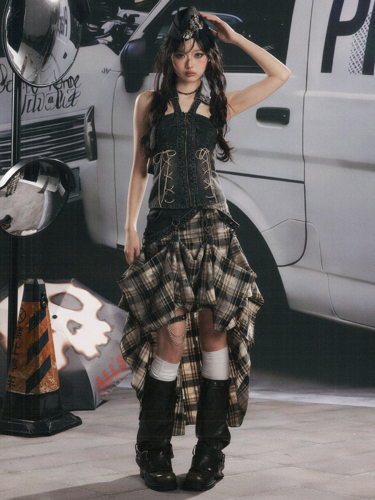 Denim Halter-Neck Lace-Up Backless Sleeveless Tops【s0000017322】