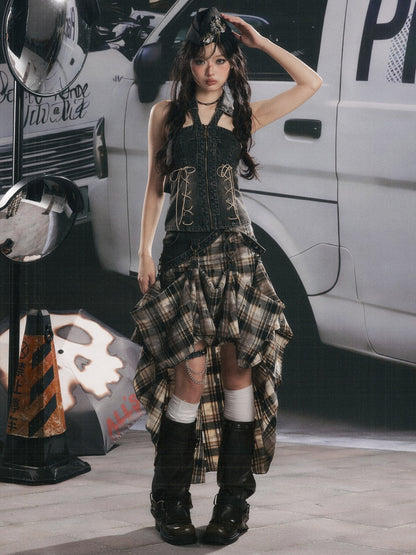 Denim Halter-Neck Lace-Up Backless Sleeveless Tops【s0000017322】