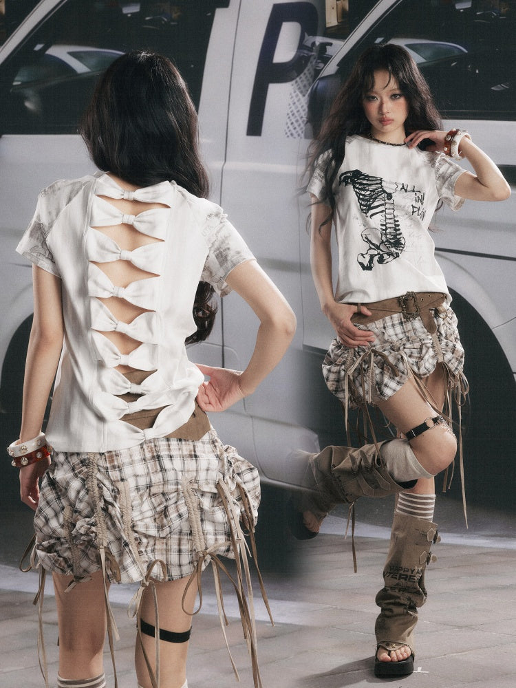 Bow Backless Original Print Short-Sleeve T-Shirt【s0000017324】
