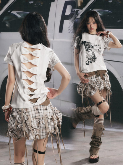 Bow Backless Original Print Short-Sleeve T-Shirt【s0000017324】