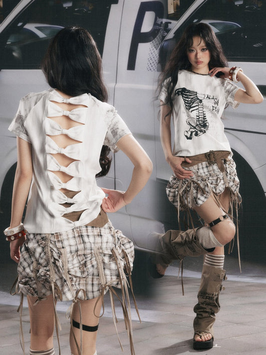 Bow Backless Original Print Short-Sleeve T-Shirt【s0000017324】