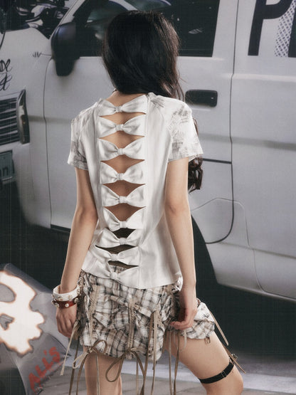Bow Backless Original Print Short-Sleeve T-Shirt【s0000017324】