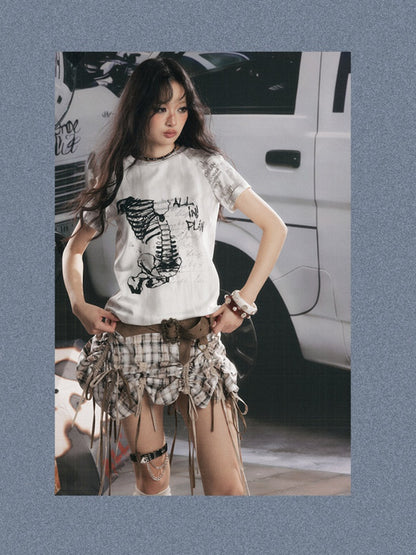 Bow Backless Original Print Short-Sleeve T-Shirt【s0000017324】