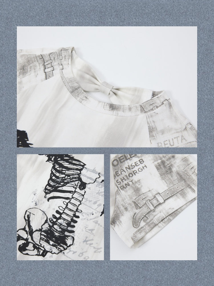 Bow Backless Original Print Short-Sleeve T-Shirt【s0000017324】