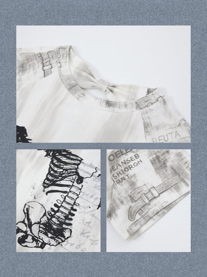 Bow Backless Original Print Short-Sleeve T-Shirt【s0000017324】