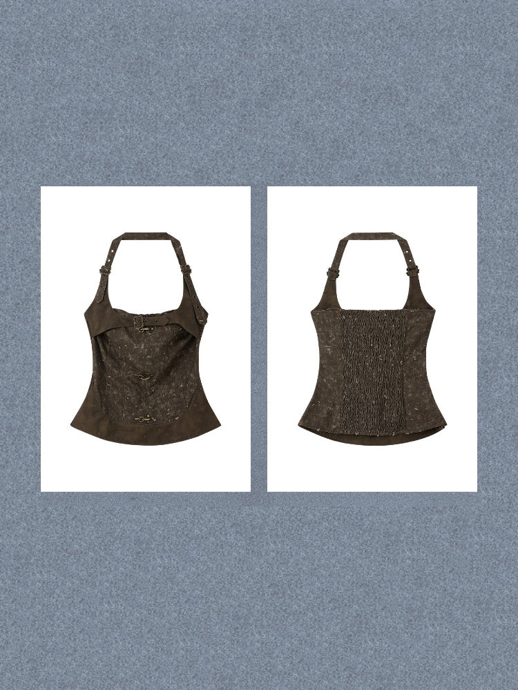 Halter-Neck Buckle Belt Tops【s0000017325】