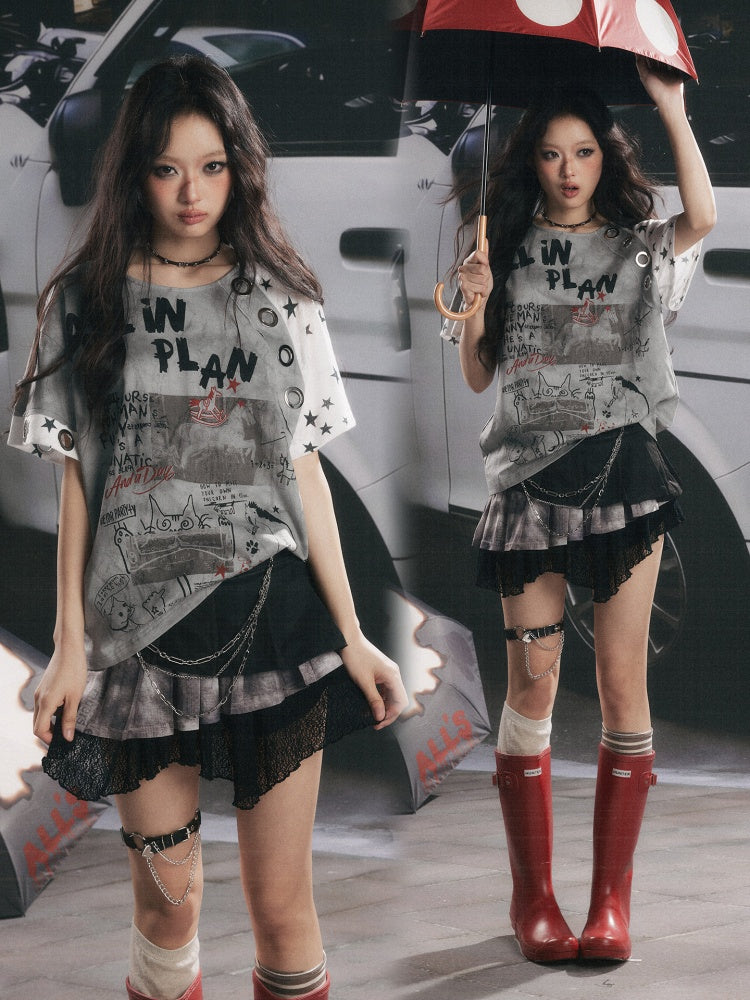 Graffiti Print Distressed Loose Short-Sleeve T-Shirt【s0000017326】