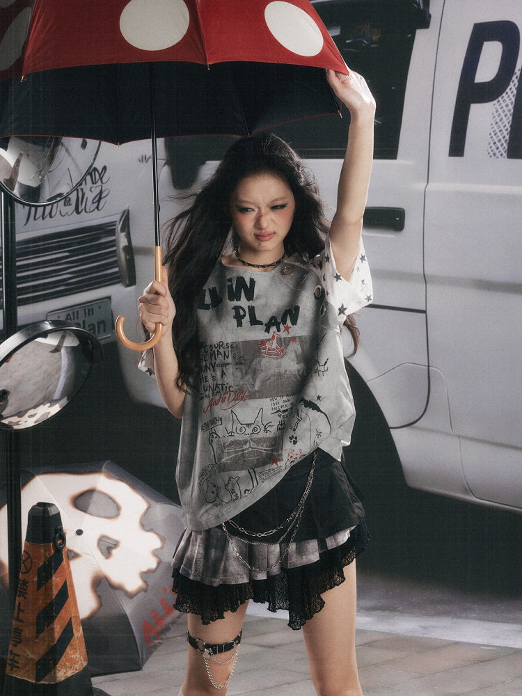 Graffiti Print Distressed Loose Short-Sleeve T-Shirt【s0000017326】