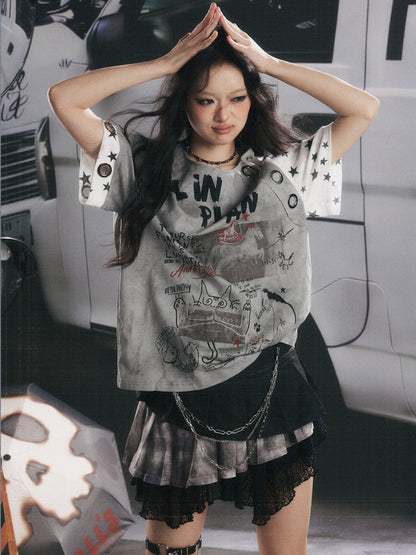 Graffiti Print Distressed Loose Short-Sleeve T-Shirt【s0000017326】