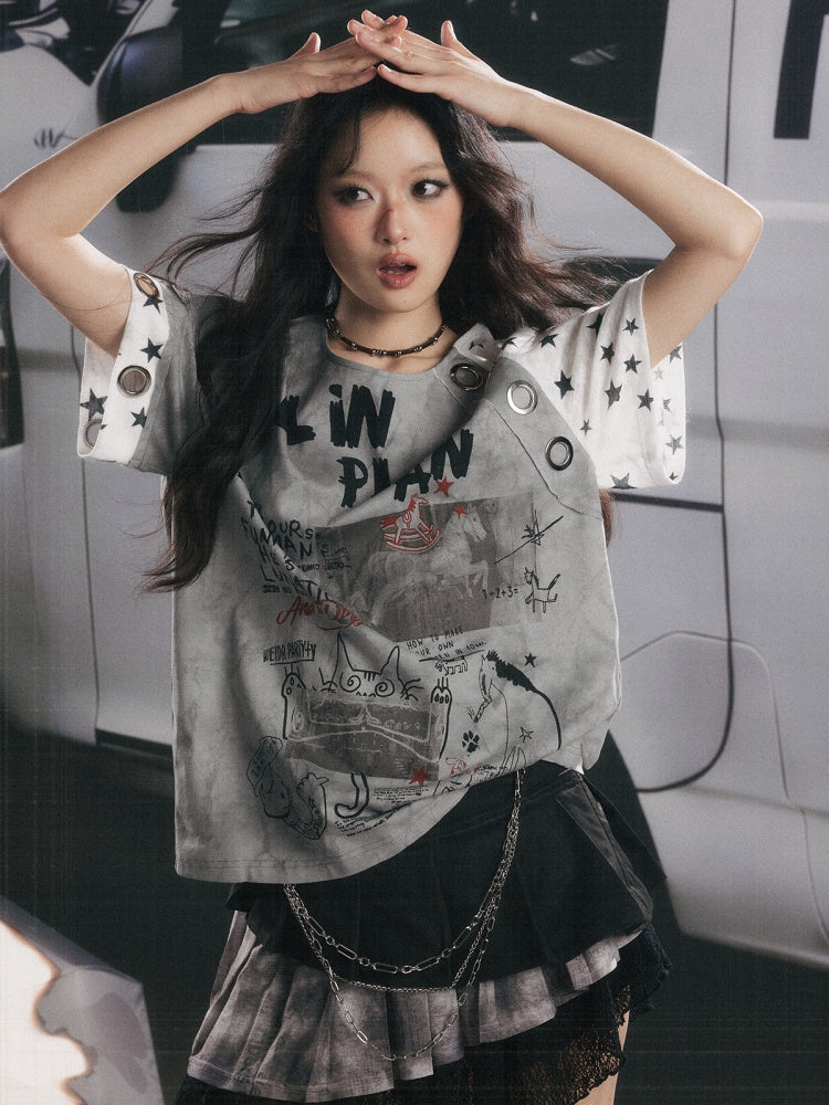 Graffiti Print Distressed Loose Short-Sleeve T-Shirt【s0000017326】