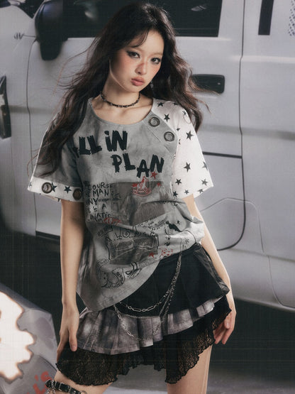 Graffiti Print Distressed Loose Short-Sleeve T-Shirt【s0000017326】