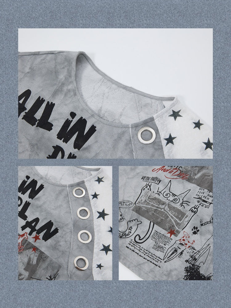 Graffiti Print Distressed Loose Short-Sleeve T-Shirt【s0000017326】