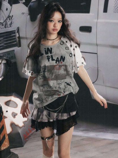 Graffiti Print Distressed Loose Short-Sleeve T-Shirt【s0000017326】