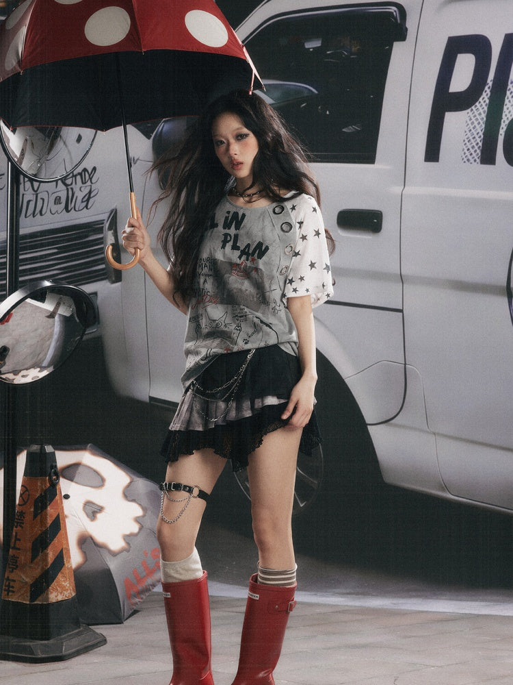 Graffiti Print Distressed Loose Short-Sleeve T-Shirt【s0000017326】