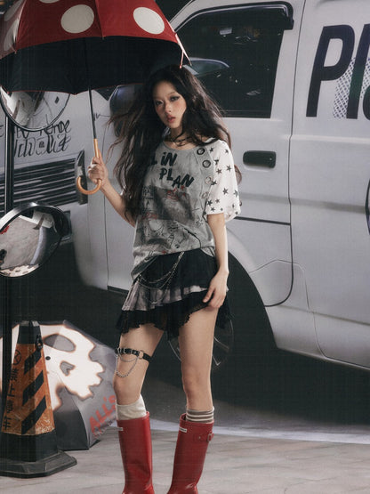 Graffiti Print Distressed Loose Short-Sleeve T-Shirt【s0000017326】
