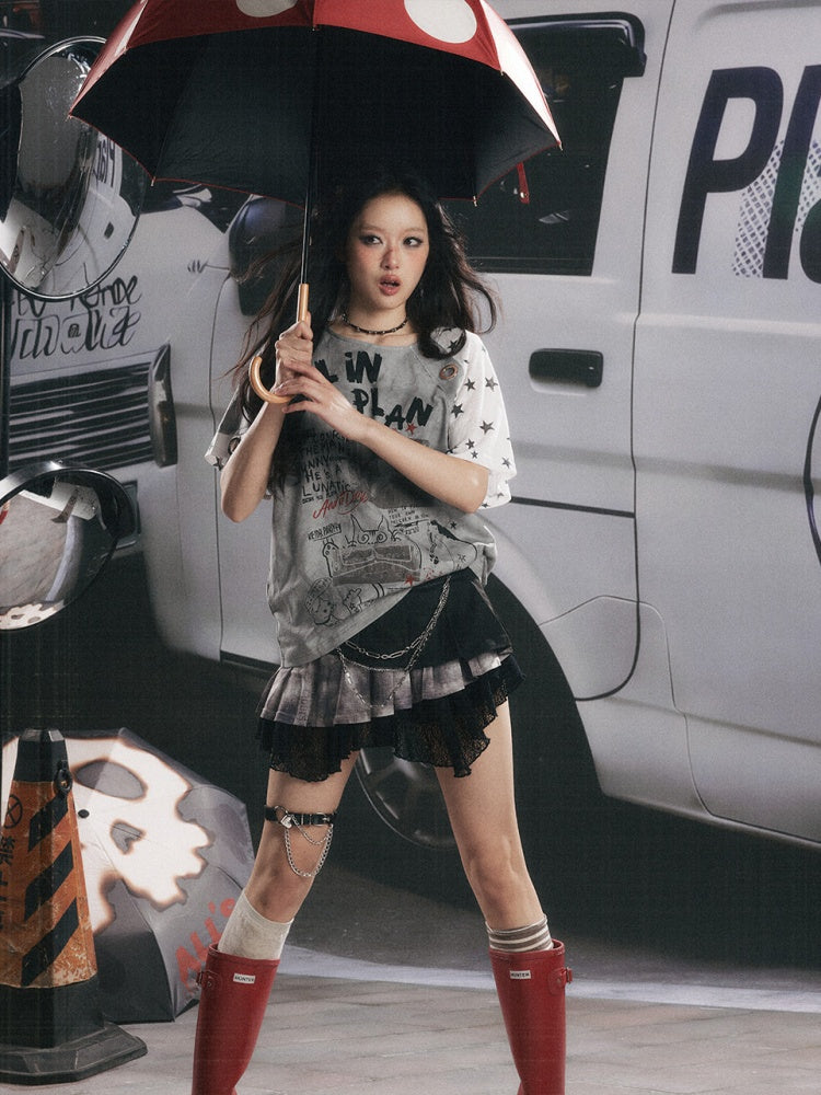 Graffiti Print Distressed Loose Short-Sleeve T-Shirt【s0000017326】