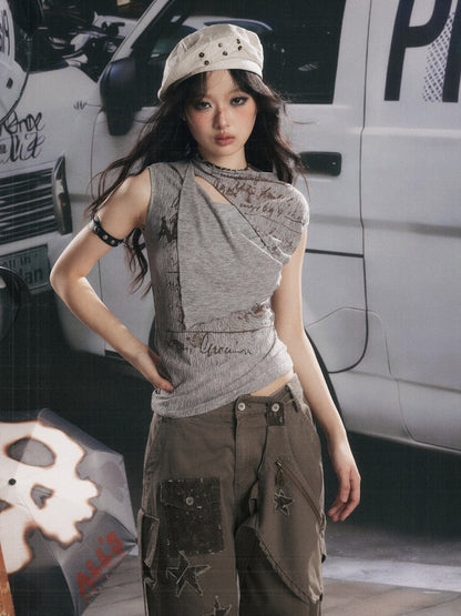 Irregular Diagonal Collar Print Slimming Tank Top【s0000017327】