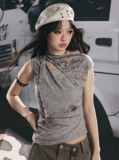Irregular Diagonal Collar Print Slimming Tank Top【s0000017327】