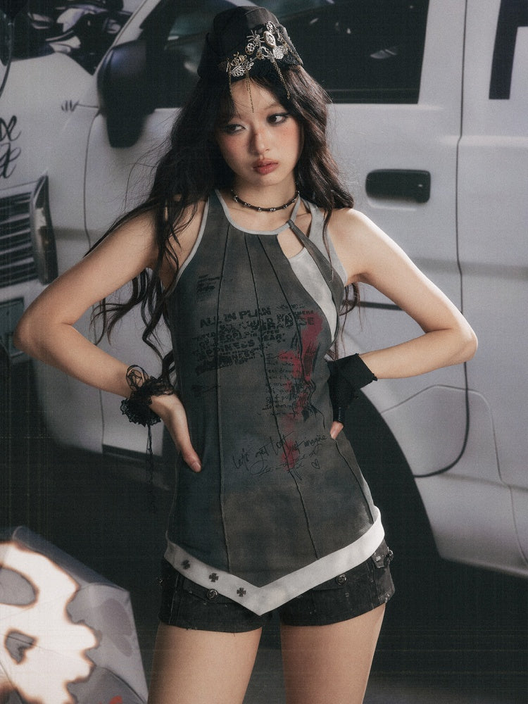 Patchwork Faux Layered Slim Fit Mid-Length Tank Top【s0000017328】