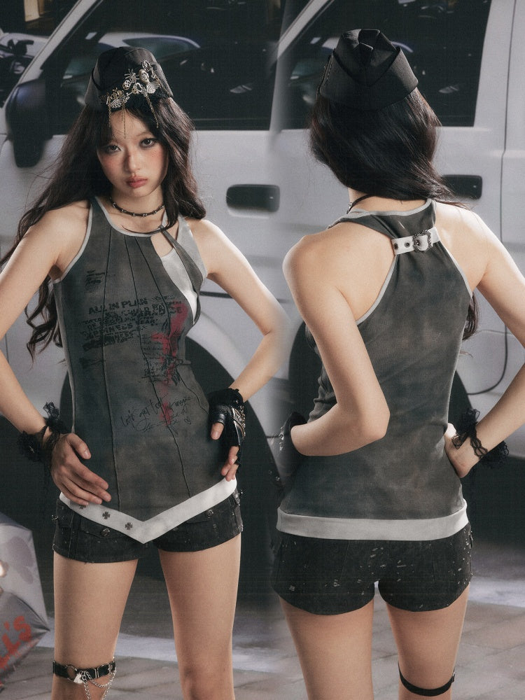 Patchwork Faux Layered Slim Fit Mid-Length Tank Top【s0000017328】